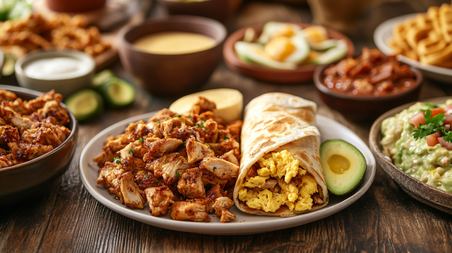 A variety of chicken breakfast recipes including chicken and eggs, chicken and waffles, burritos, and breakfast bowls served on a rustic wooden table.