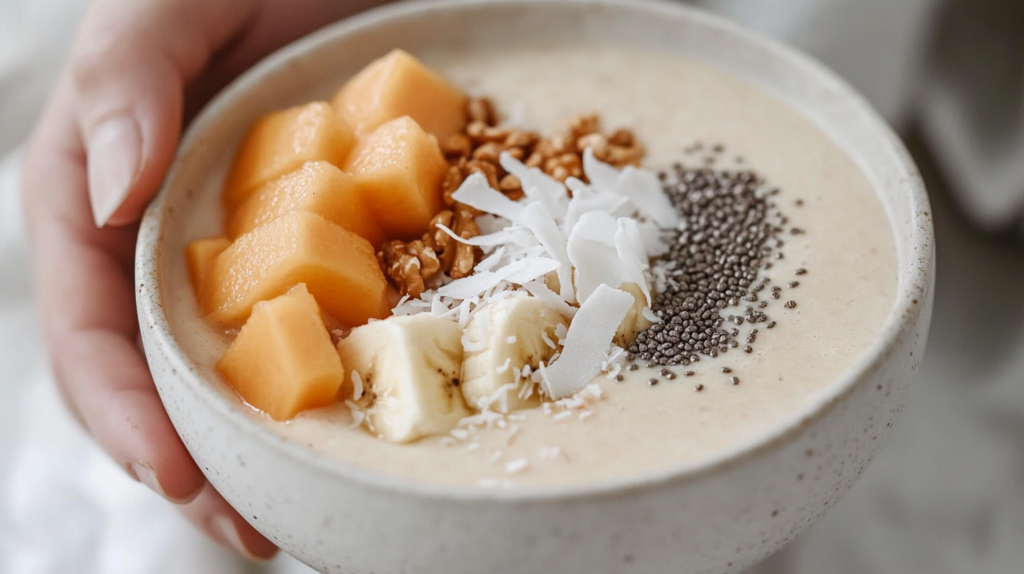 AIP smoothie bowl with tropical toppings and coconut milk base