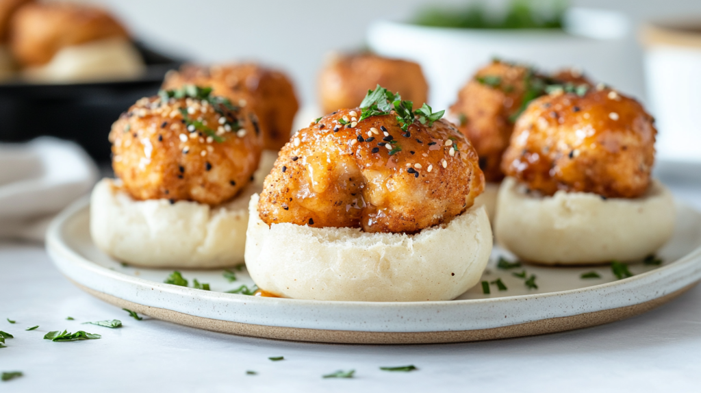 Assembled chicken minis on a plate with honey-glazed rolls and crispy chicken.