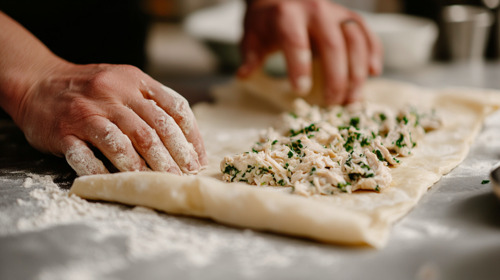 Puff pastry rolled out and filled with chicken for chicken pastry recipe