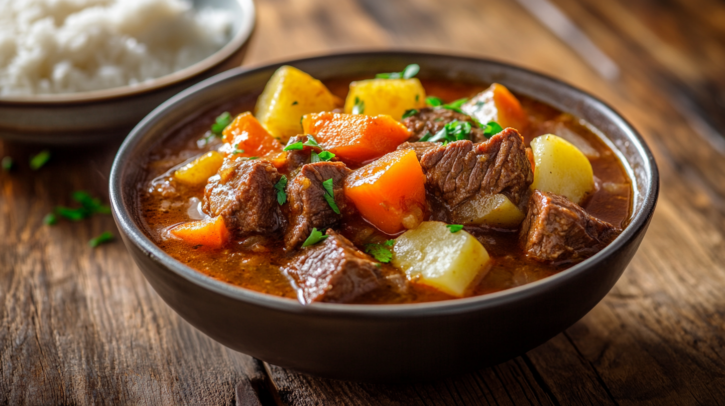 Hawaiian Beef Stew with tender beef, potatoes, and carrots in a rich tomato broth.