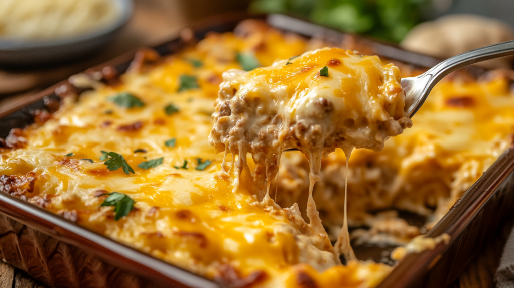 BBQ ground chicken pasta casserole with melted cheese.