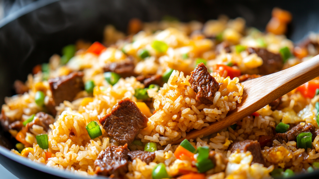 A recipe with Beef jerky fried rice with eggs, vegetables, and green onions in a wok.