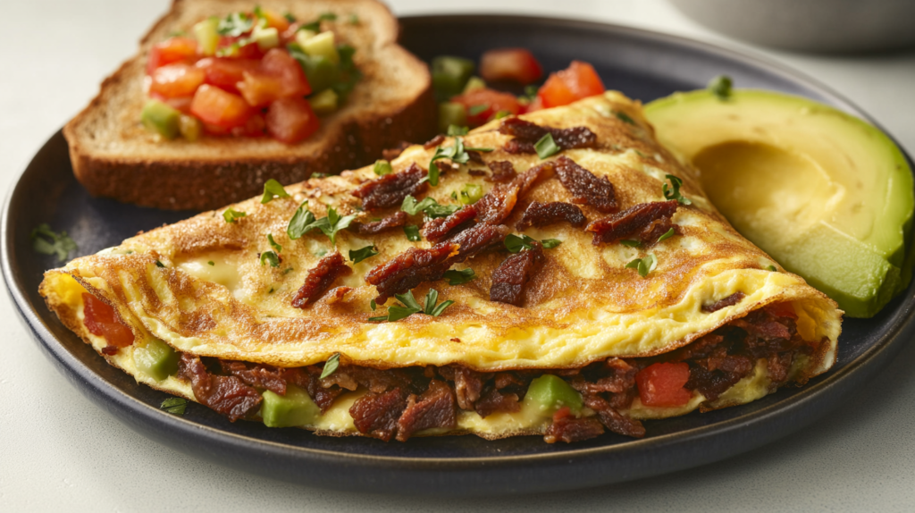 A protein-packed beef jerky omelet with cheese, bell peppers, and toast.