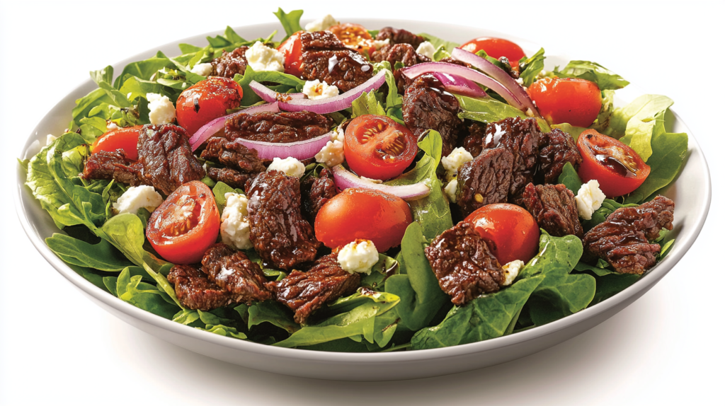 A fresh salad with crunchy beef jerky, greens, cherry tomatoes, and feta cheese.