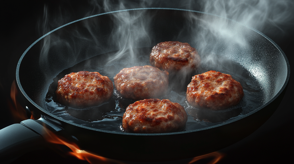Beef sausage meat patties sizzling in a frying pan.