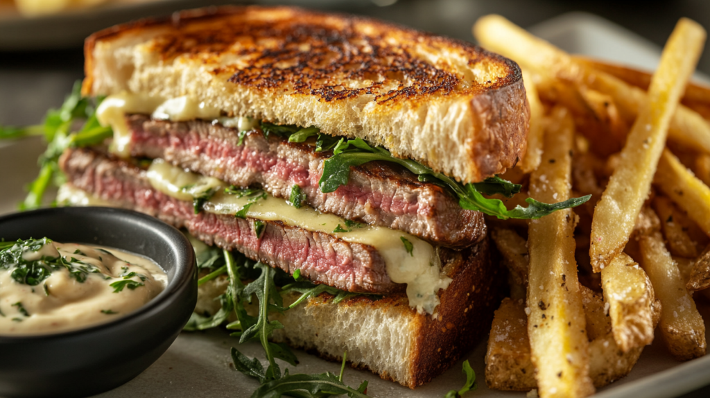 Beef tenderloin sandwich with garlic aioli, melted cheese, and arugula on toasted bread.