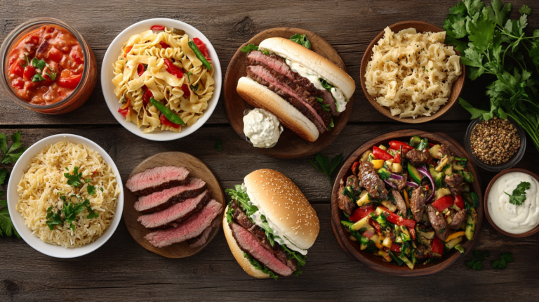 An assortment of leftover beef tenderloin recipes including sandwiches, pasta, stir-fry, and rice bowls on a rustic table.