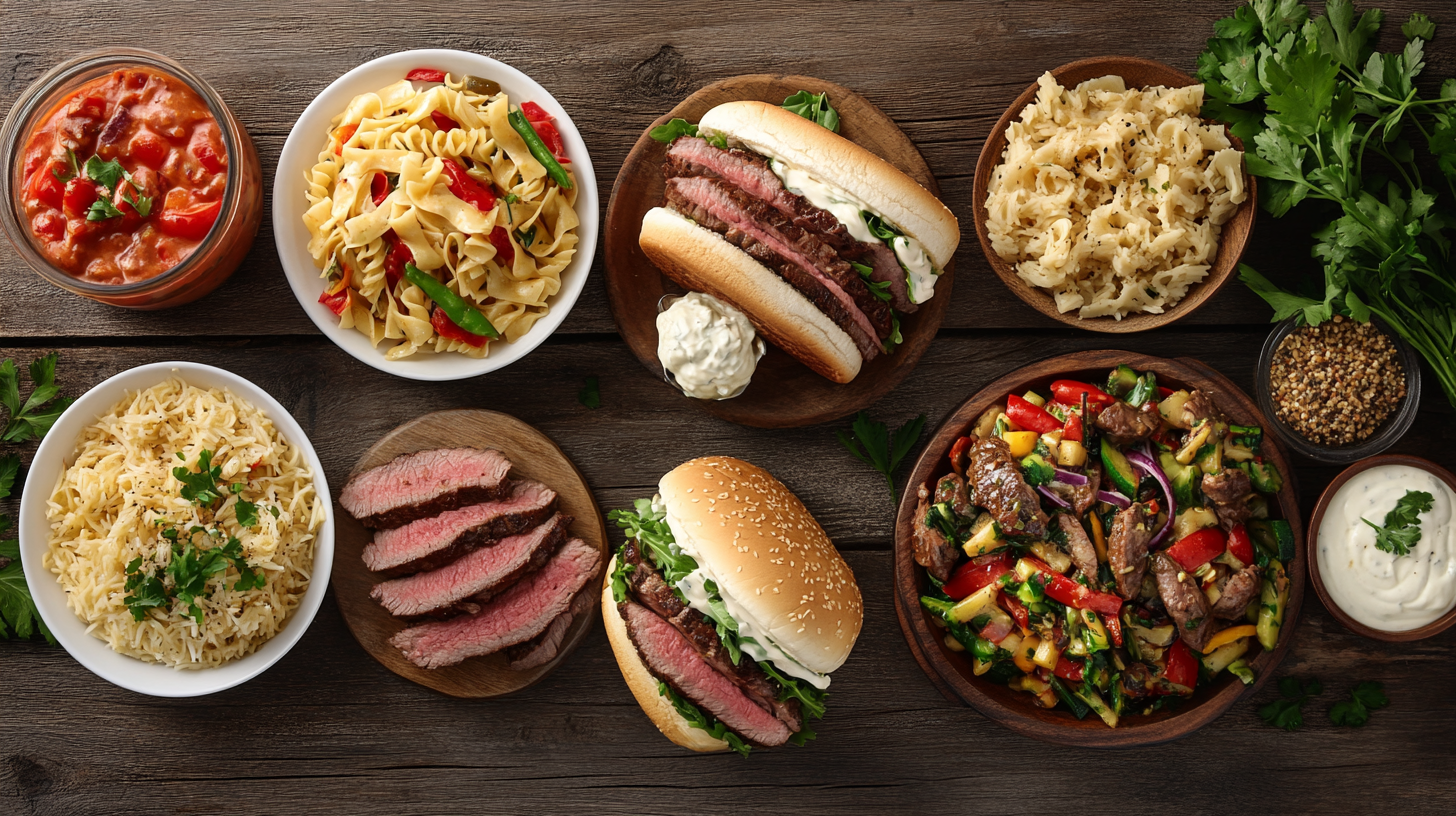 An assortment of leftover beef tenderloin recipes including sandwiches, pasta, stir-fry, and rice bowls on a rustic table.