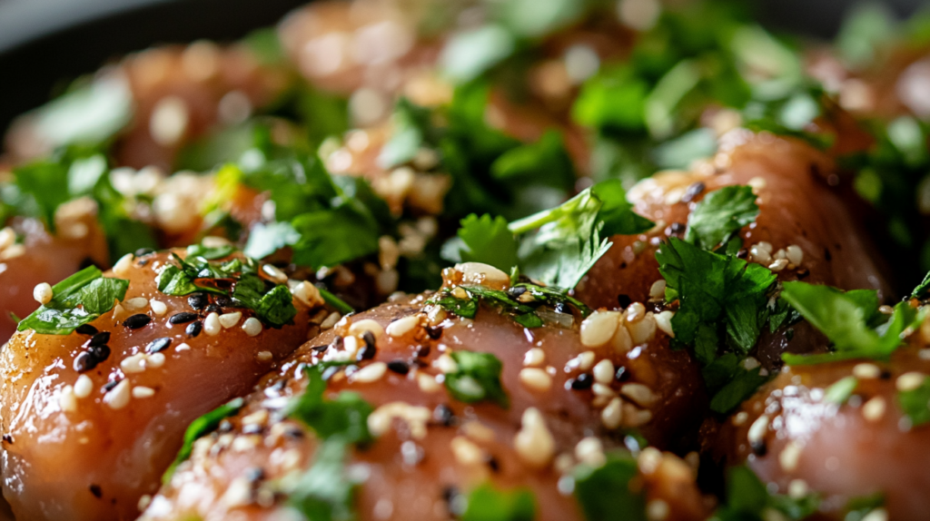 Marinated chicken thighs in a flavorful soy-based sauce for a juicy chicken chop recipe.