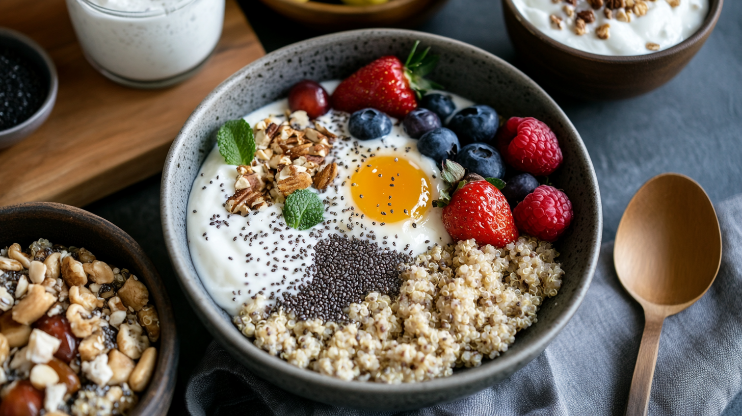 Assorted no egg high protein breakfast options on rustic table