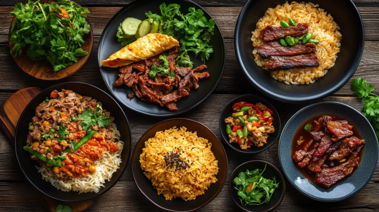 A variety of delicious recipe with beef jerky, including fried rice, omelet, soup, and salad.