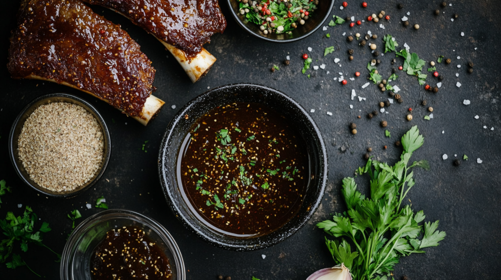 Assorted spices, seasonings, and marinades for beef chuck riblets.