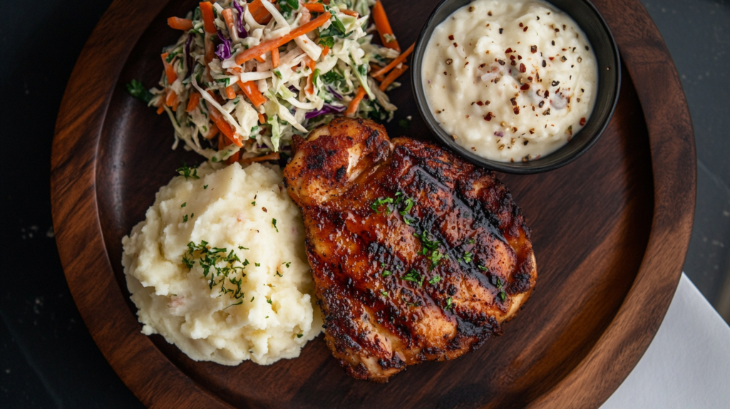 Chicken chop with mashed potatoes, coleslaw, and garlic rice.