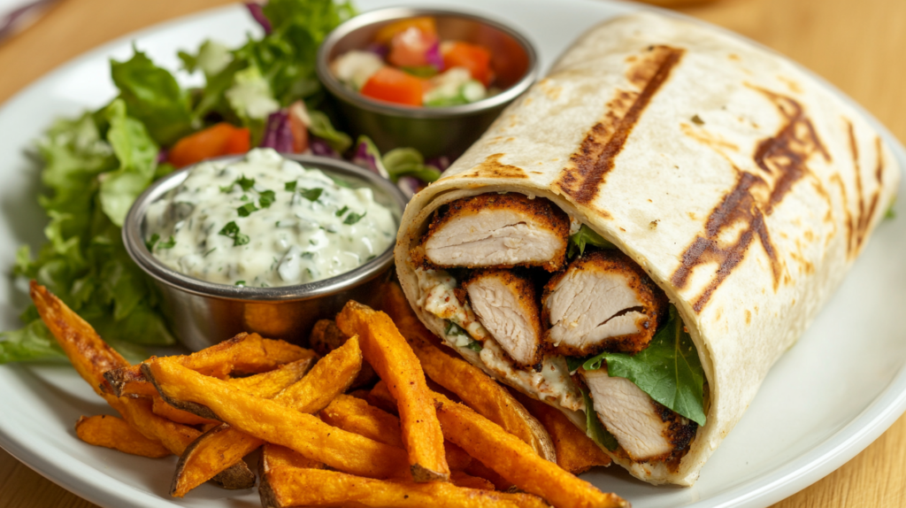 Grilled chicken wrap served with sweet potato fries and tzatziki sauce.