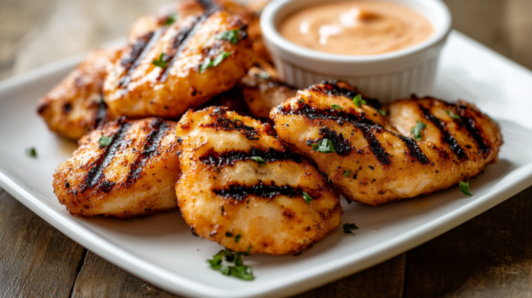Juicy copycat chick fil a grilled nuggets recipe with dipping sauce on a plate