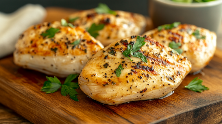 Broiled chicken breasts recipe on wooden board with herbs