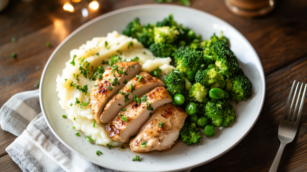 Broiled chicken breast dinner with mashed potatoes and greens