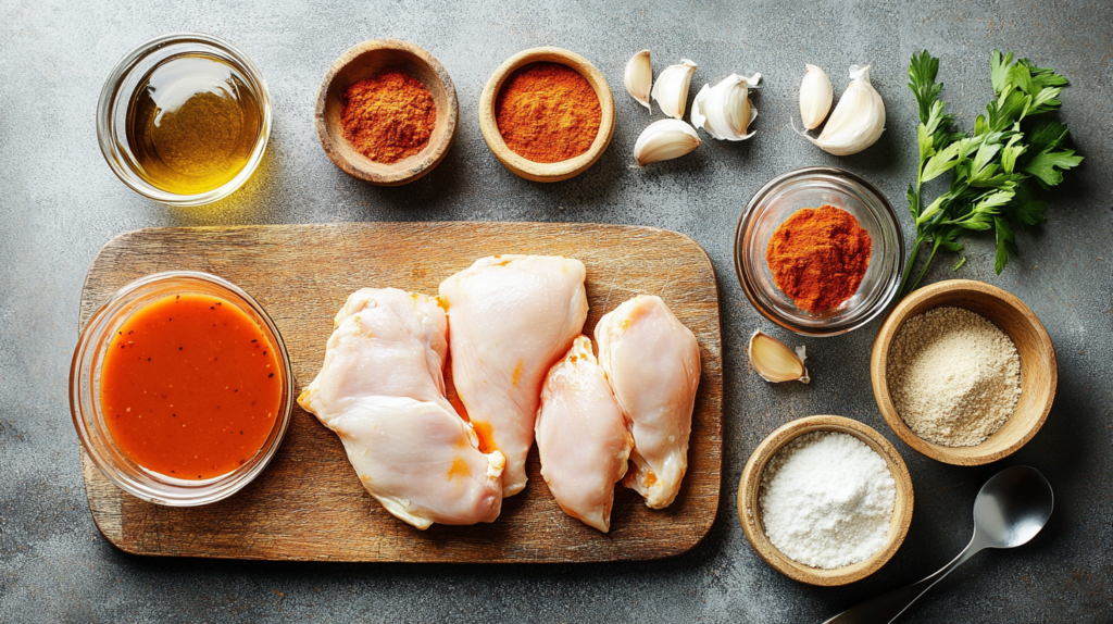 Ingredients for buffalo chicken crock pot recipe, including chicken, buffalo sauce, and seasonings.