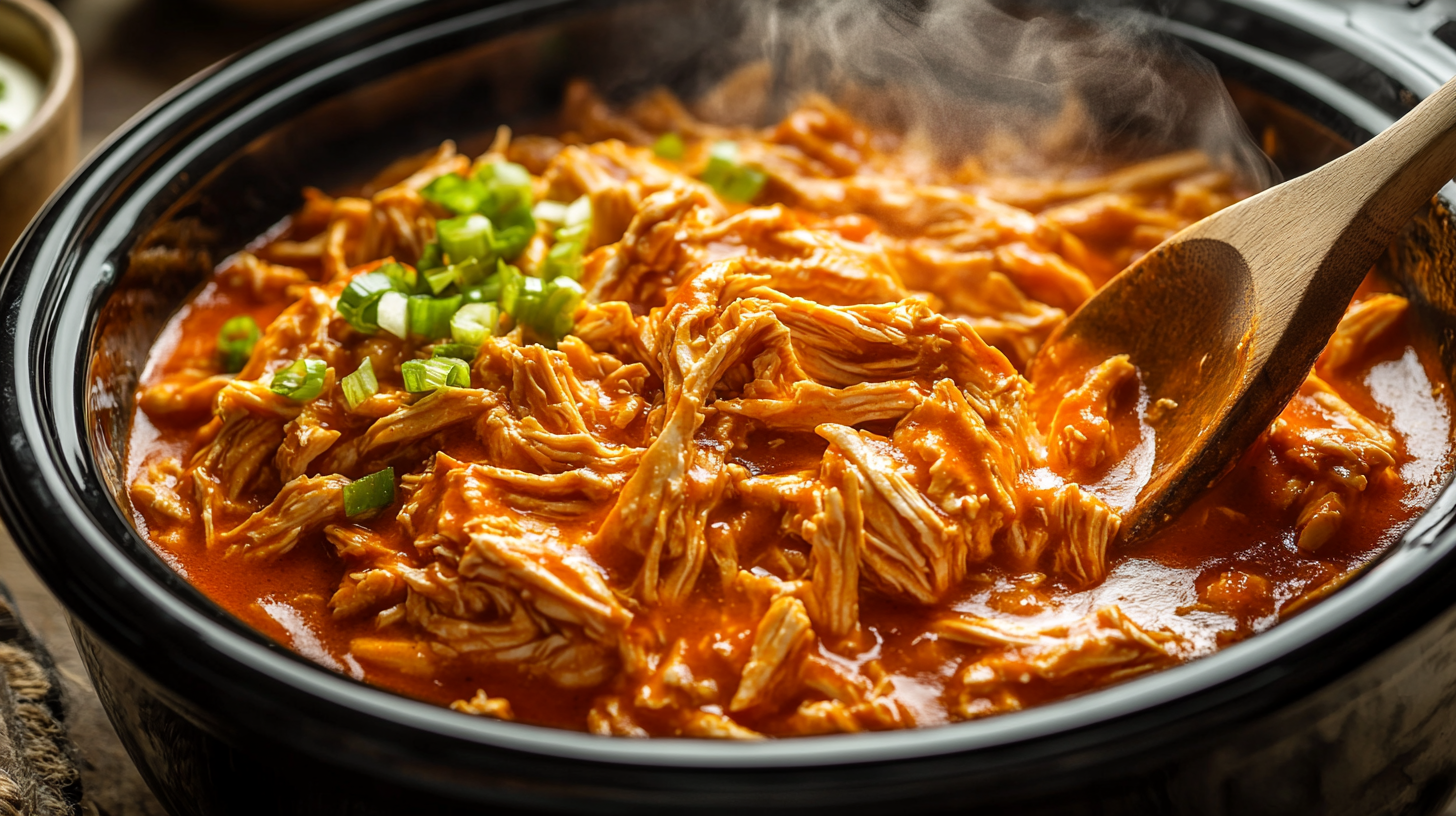 Shredded buffalo chicken in a Crock Pot Recipe with buffalo sauce.
