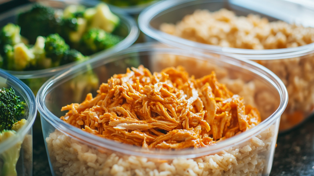 Buffalo chicken meal prep containers with rice and vegetables.