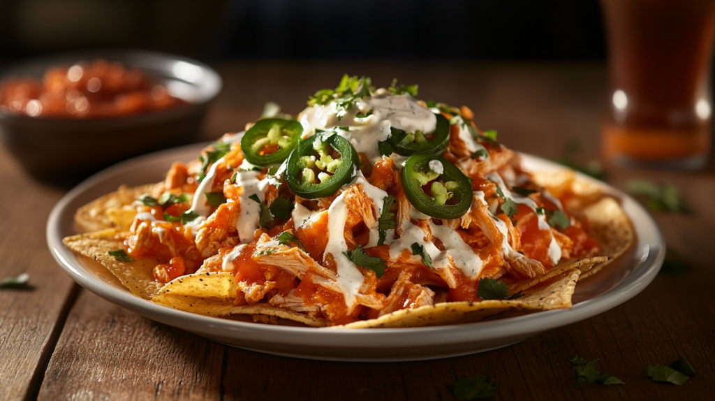 Buffalo chicken nachos with cheese and jalapeños.