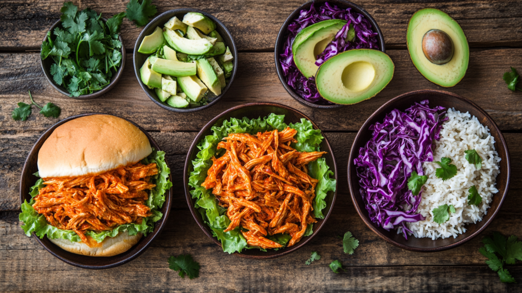 Buffalo chicken served in sandwiches, tacos, and rice bowls.