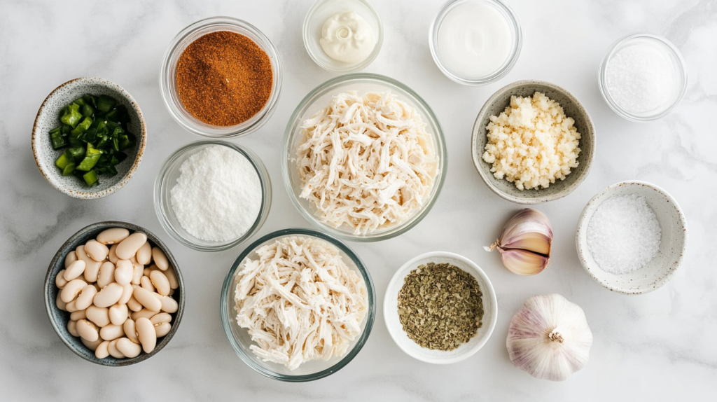 Ingredients for Bush's white chicken chili recipe laid out on a counter