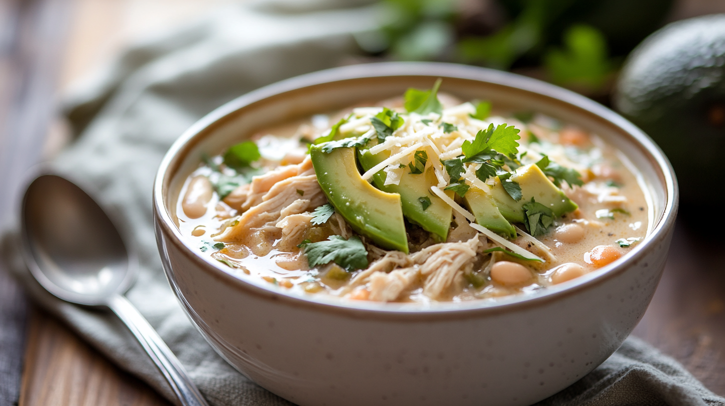 Creamy bowl of Bush's white chicken chili with toppings