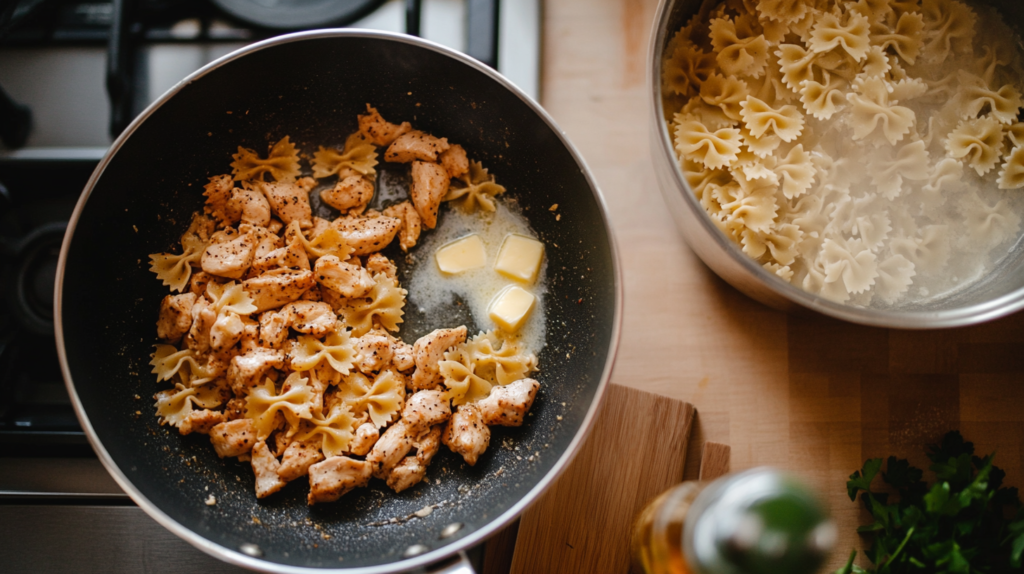 Cooking chicken and pasta for chicken bow tie pasta recipe