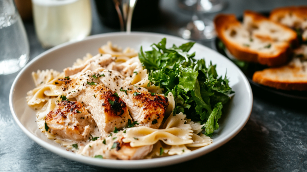 Chicken bow tie pasta with garlic bread and salad