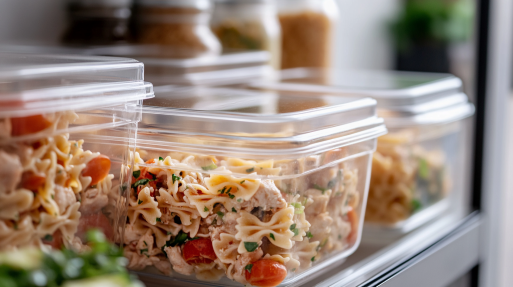Meal-prepped chicken bow tie pasta containers