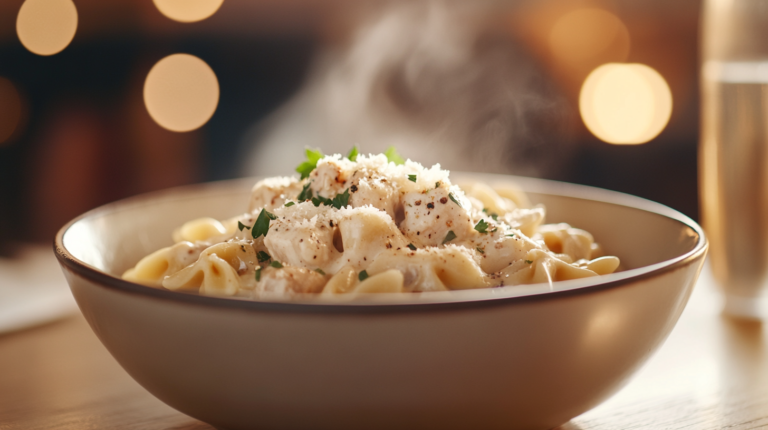 Creamy chicken bow tie pasta in rustic bowl