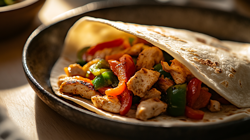 Assembling John Soules chicken fajitas in warm tortillas