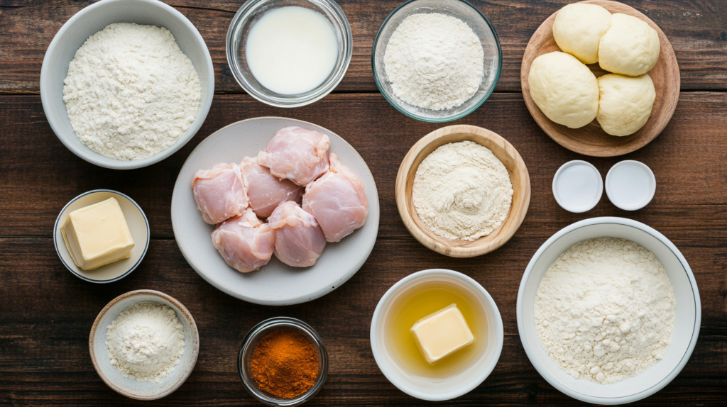 Ingredients for homemade chicken minis recipe arranged on a wooden surface.