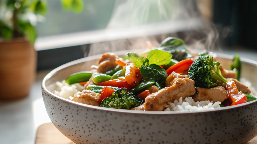 Stir-fry bowl with John Soules grilled chicken and veggies