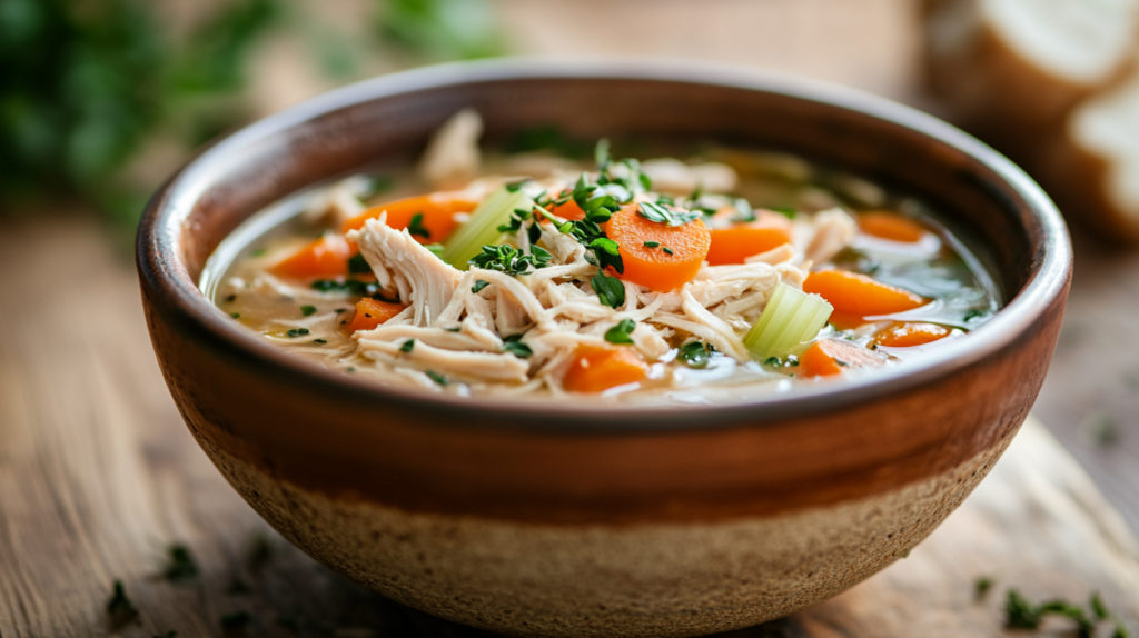 Classic chicken vegetable soup in a bowl