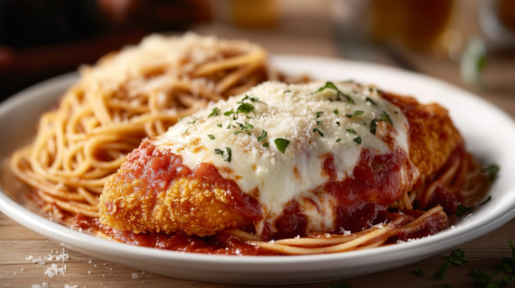Classic Chicken Parmesan with marinara sauce and melted mozzarella, served with pasta.