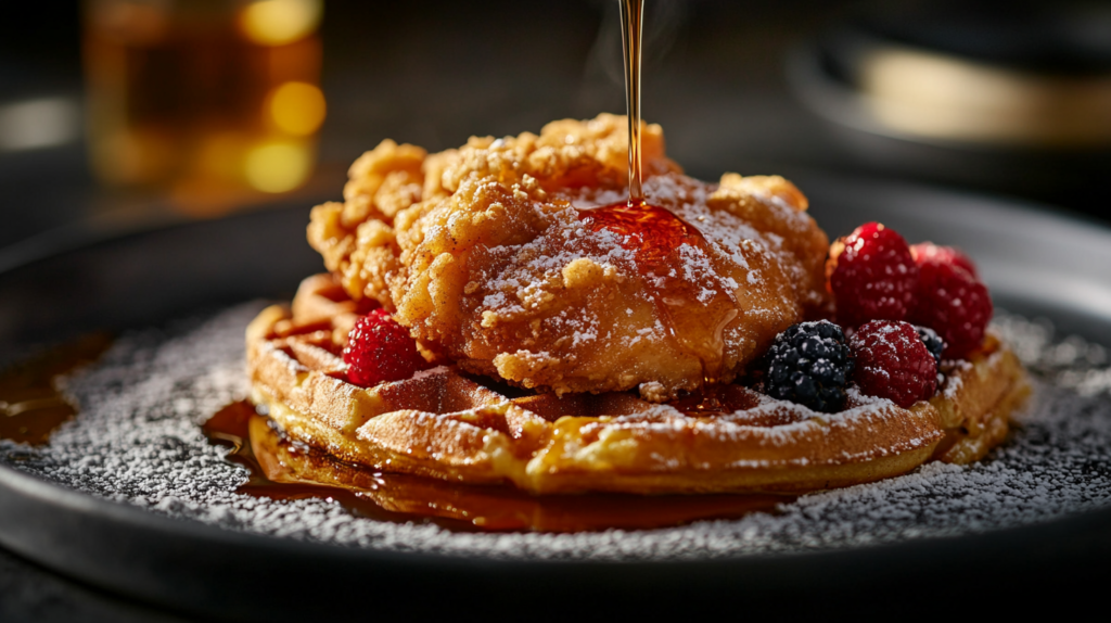 Crispy fried chicken on a fluffy waffle, drizzled with maple syrup and served with fresh berries.