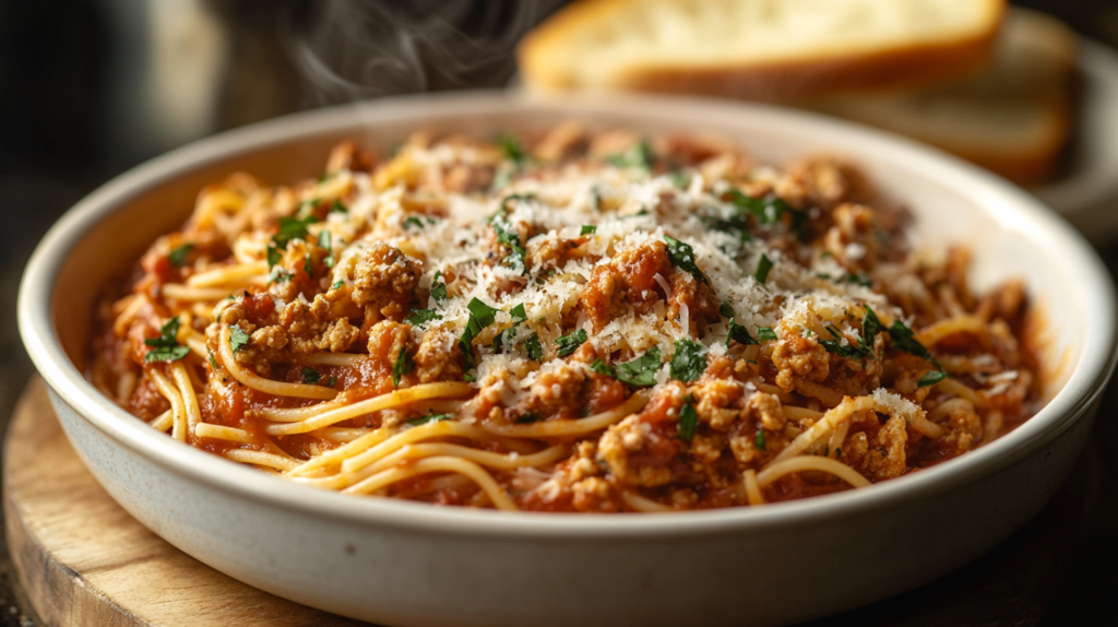 Classic spaghetti with ground chicken marinara sauce and Parmesan.