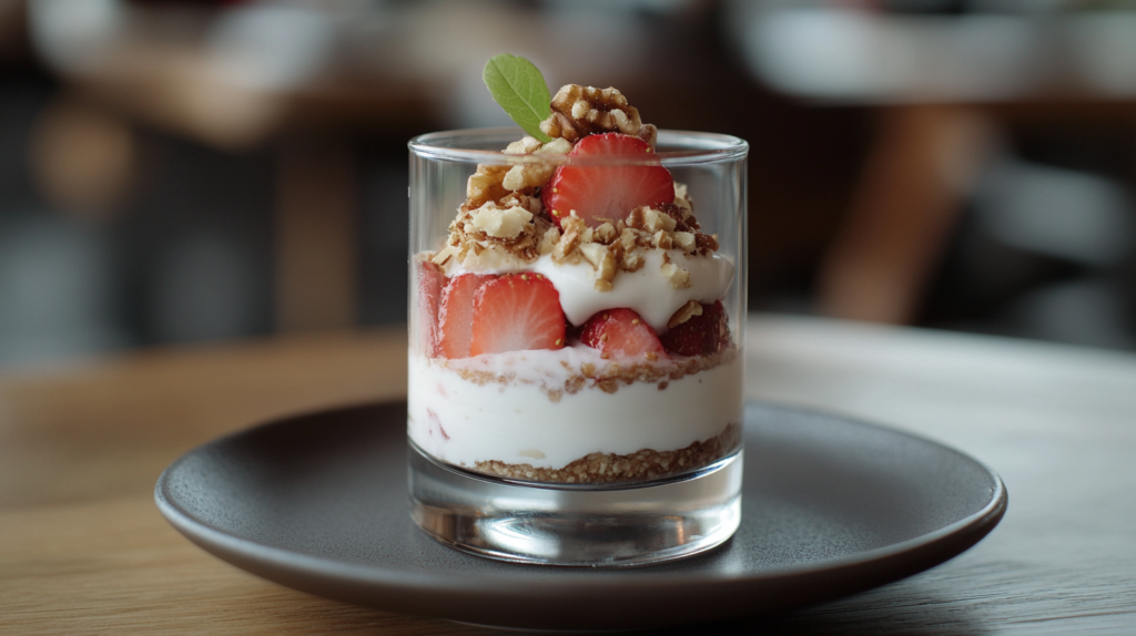 Coconut yogurt parfait with strawberries and nuts