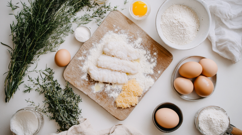 cod fish panko dredging station with ingredients