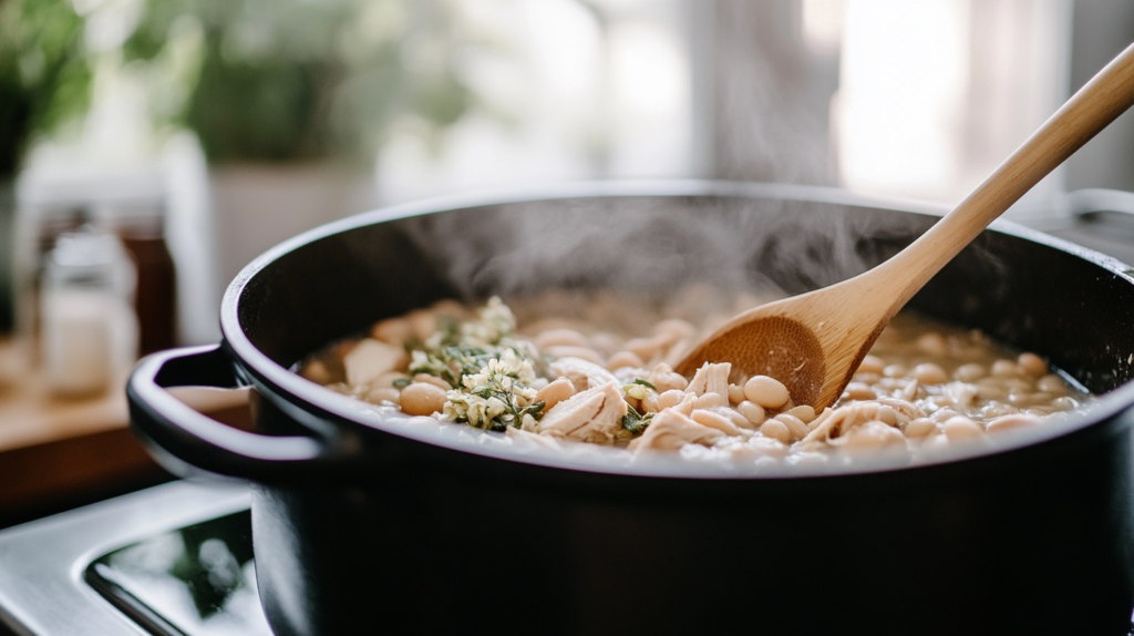 White chicken chili cooking in a Dutch oven