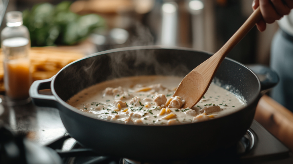Crack chicken penne recipe cooking in a pot with creamy sauce