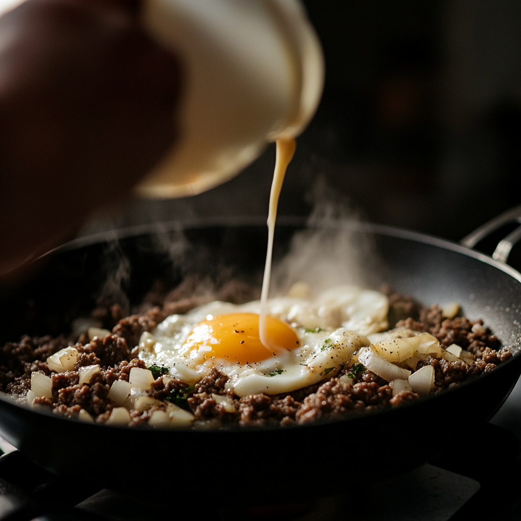 Cooking ground beef and eggs in one skillet with onions