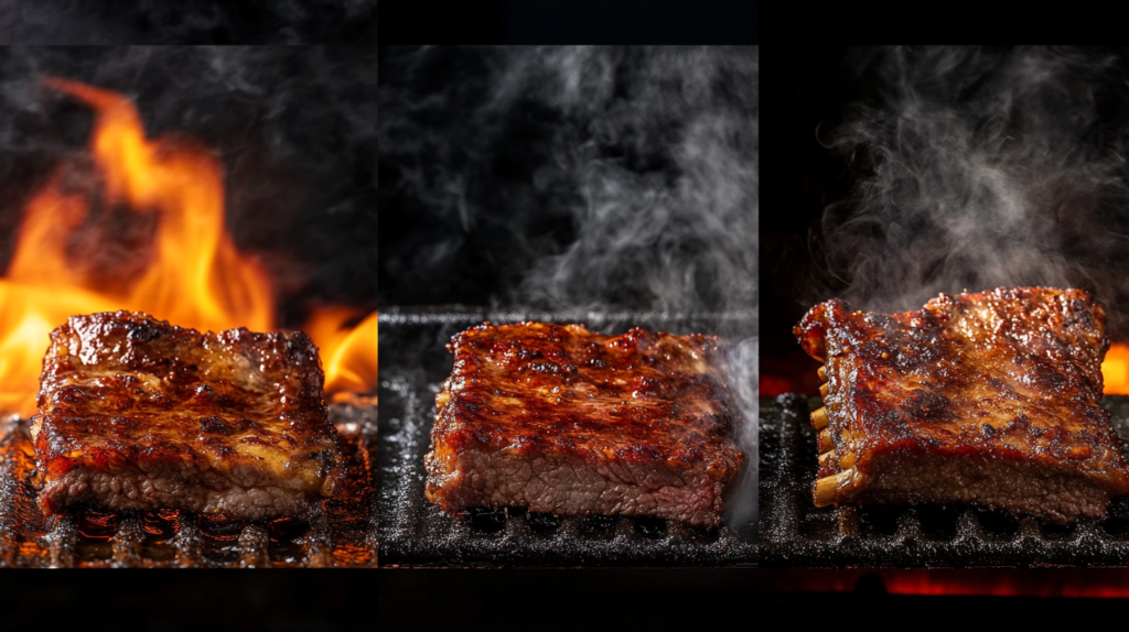 Beef chuck riblets being cooked in an oven, slow cooker, and on a grill.
