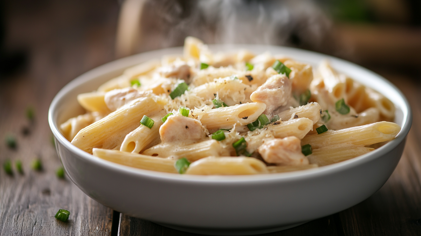 Creamy crack chicken penne recipe served hot in a bowl