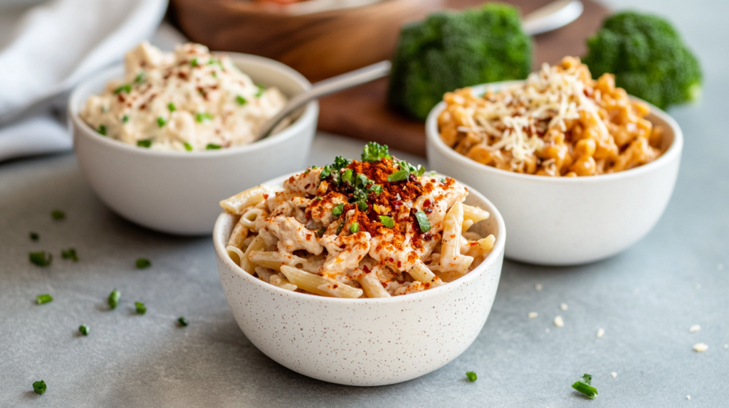 Three variations of crack chicken penne recipe in bowls