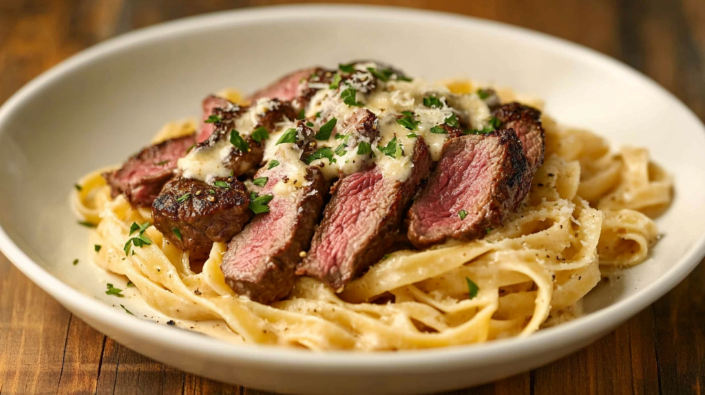 Creamy beef tenderloin pasta with fettuccine in a rich garlic Parmesan sauce, topped with fresh parsley.