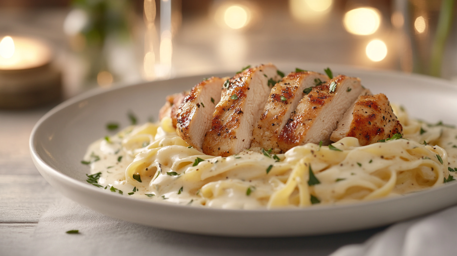 As in Bertolli chicken Alfredo Recipe a Creamy pasta with seared chicken and parsley